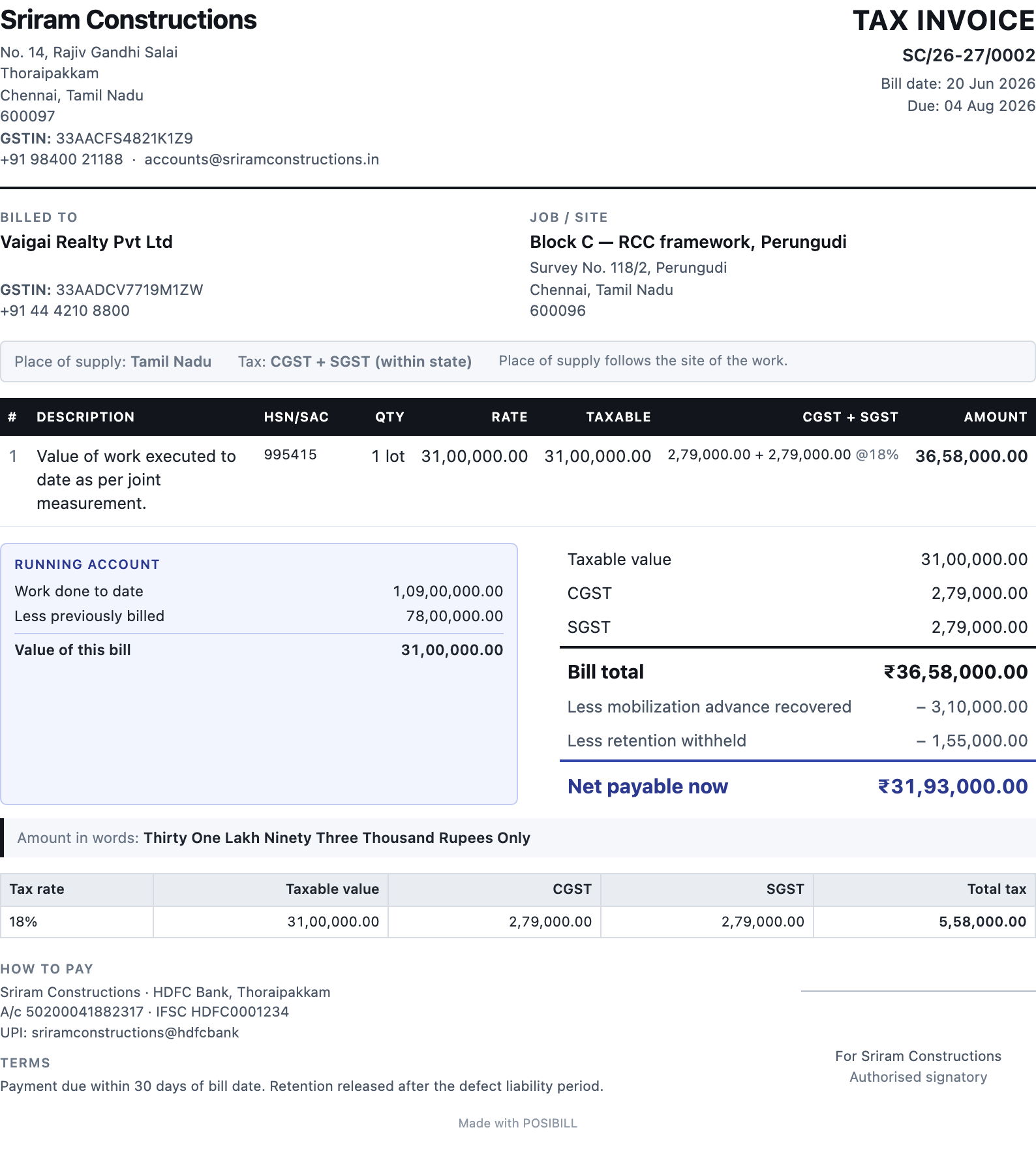 A POSIBILL tax invoice PDF, showing the contractor's letterhead and GSTIN, the customer and job site, place of supply, the line items, a running-account box, the tax summary by rate, the amount in words and payment instructions.