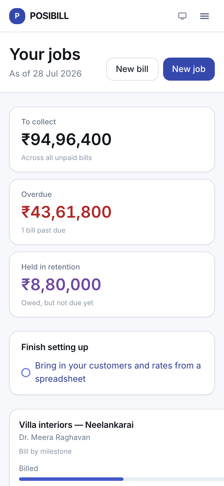 POSIBILL on a phone, showing the job list with money owed against each job.