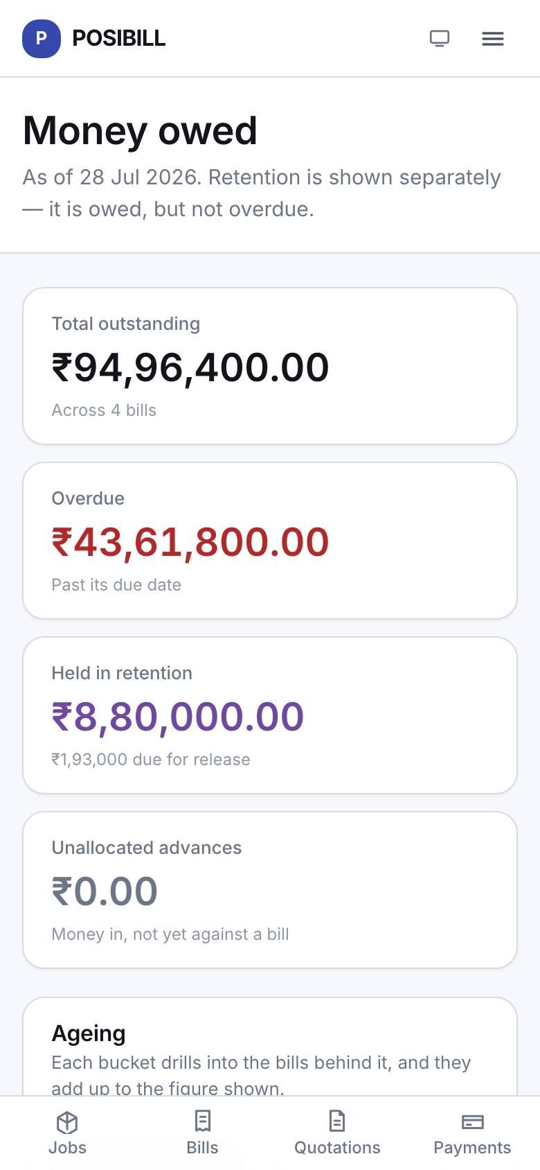 POSIBILL on a phone, showing the money owed screen with ageing and retention.