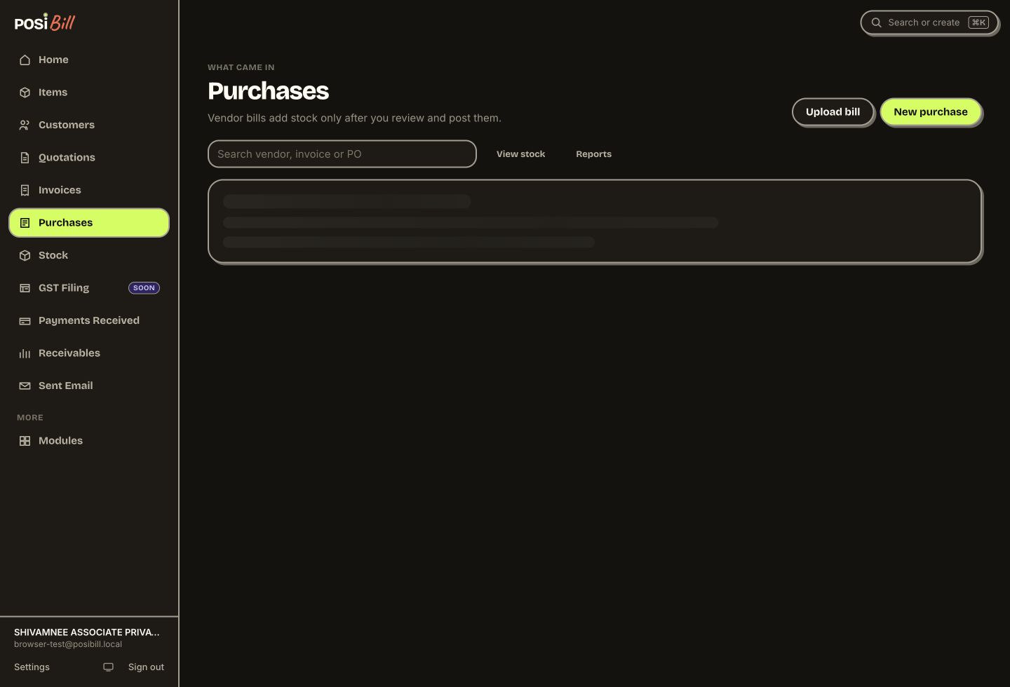 POSiBill purchase bills with review status, vendor invoice totals and links to inventory reports.